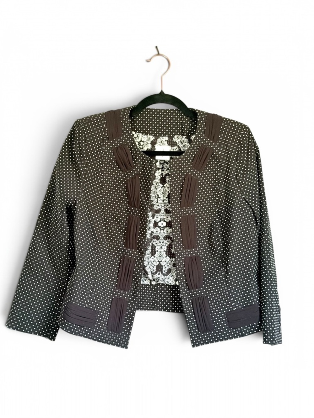 Cabi Cropped Black White Polka Dot Blazer Jacket Textured Trim Size 4 Corpcore